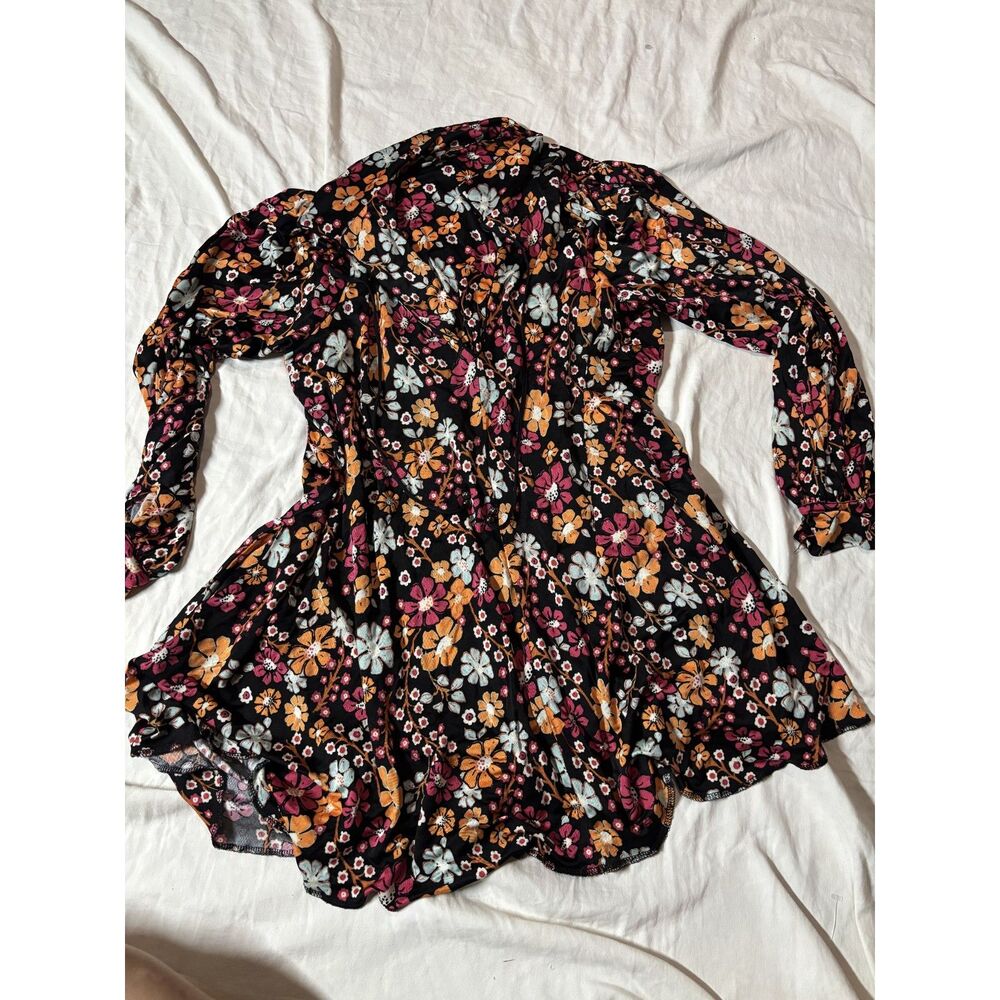 Free People Black Floral Boho Mini Dress Size Small Long Sleeve Tie Neck - Picture 5 of 8